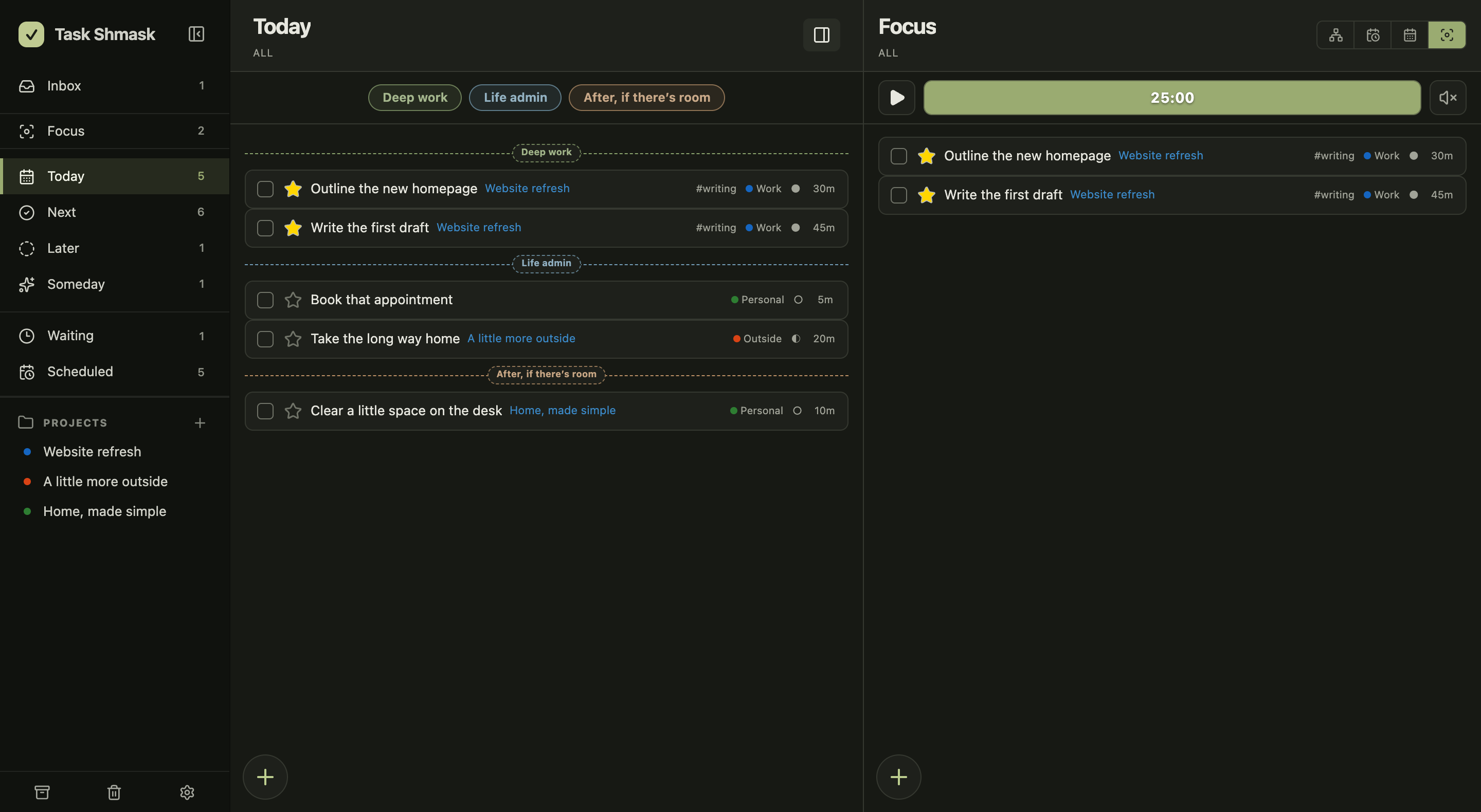 Actual Task Shmask app with Today on the left, grouped into Deep work, Life admin and After, and Focus on the right with two starred tasks and a 25-minute timer.